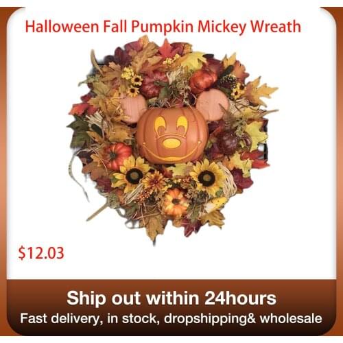 Halloween Fall Pumpkin Mickey Wreath Autumn Rattan Garland Front Door Pendant Artificia Maples Wall Hanging Ornament Home Decor