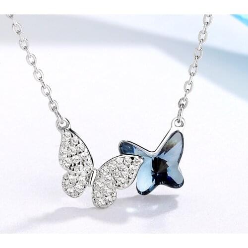 Blue Stone Butterfly Necklace CZ Pendant Choker Chain Unique Charms Best Friends Gift Minimalist Jewelry