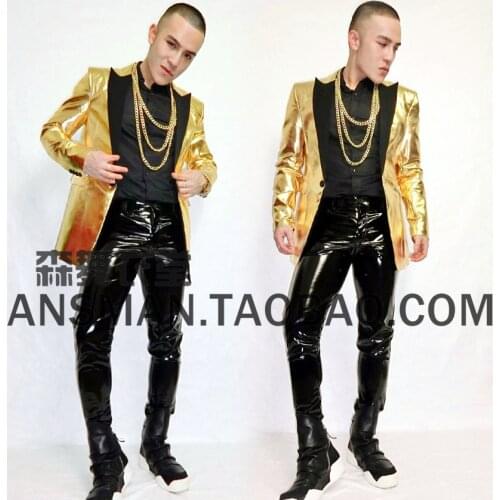 S-5xl New 2021 Mens Fashion Slim Fashion Dj Golden Leather Suit Jacket Male Singer Costumes Men Plus Size Clothing