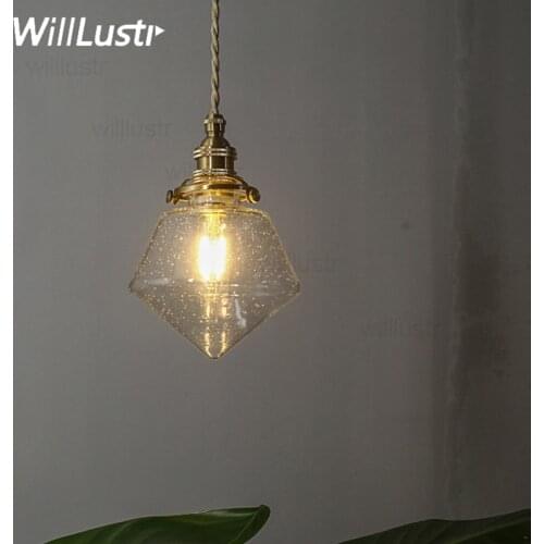 Handmade glass pendant light mouth blown clear crystal bubble glass suspension lamp nordic retro brass fixture hotel bedside