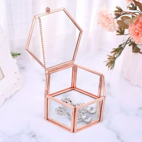 Hexagon Transparent Rose Gold Glass Ring Box Wedding Ring Box Geometric Clear Glass Jewelry Box Organizer TabletopHolder