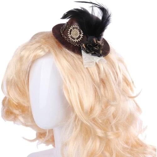 Women Halloween Gothic Mini Top Hat Steampunk Gears Chain Feather Flower Fascinator Hair Clip Victorian Cosplay Costume