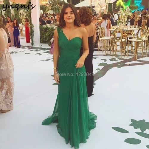 YNQNFS E52 Chiffon Pleats One Shoulder Emerald Green Women Elegant Formal Dress Party Mermaid Dress Evening 2019