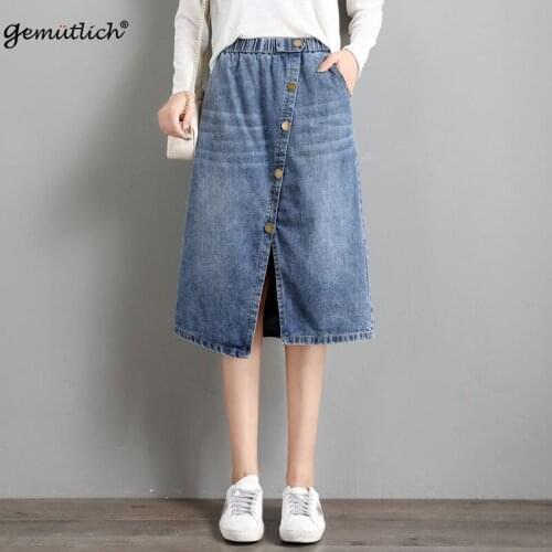 Gemutlich S-9XL Women Elastic Waist Denim Skirt High Waist Front Split A-lined Button Jeans Simple Casual Skirt New