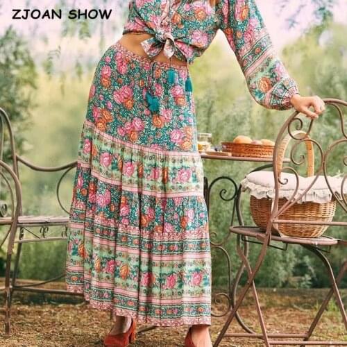 2021 Bohemia Colored Floral Print Long Skirt Spliced Ruched Ruffle Hem Hippie Women Tassel Bow Adjust Waist Swing Skirts Holiday