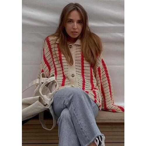 2021 Autumn Winter Y2K Clothing Red Striped Lapel Single-breasted Long-sleeve V-neck Sweater Female Oversize Fashion Cardigan