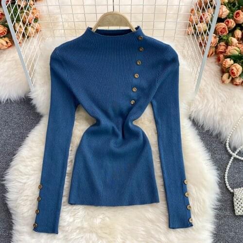 Womens Sweater Winter Solid Mock Neck Solid Color Long Sleeve Elastic Knit Sweaters Female All-matched Pullover Jumpers