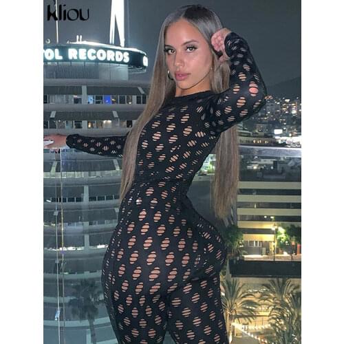 Kliou See Through Hollow Out Sexy Zipper Jumpsuit Women Turtleneck Net Plaid Hole Skinny Elastic Club Streetwear Rompers
