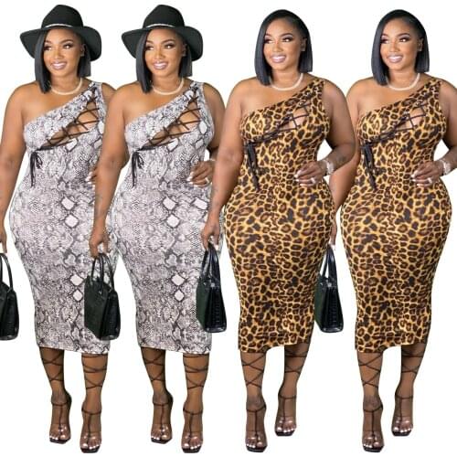 Echoine Plus Size Leopard Print Sexy Dress Cutout Lace Slim Dress for Women One Piece Night Club Streetwear