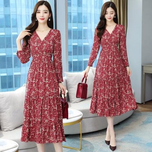Autumn Vintage Female Boho Red Floral Chiffon Midi Dress 2021 Casual 3XL Plus Size Long Sleeve Dress Elegant Women Party Vestido