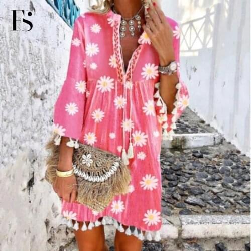 Hot Sale V Neck Daisy Print Flare Sleeve Tassel Women Dress Summer Sweet Style High Waist Sunflower Print Loose Dress