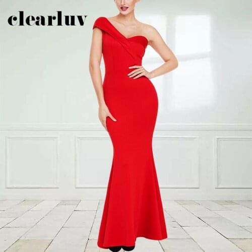 One-shoulder Evening Dresses Zipper Back Trumpet Black Red Floor-length Sleeveless Plus size Customized Woman Formal Dress T045