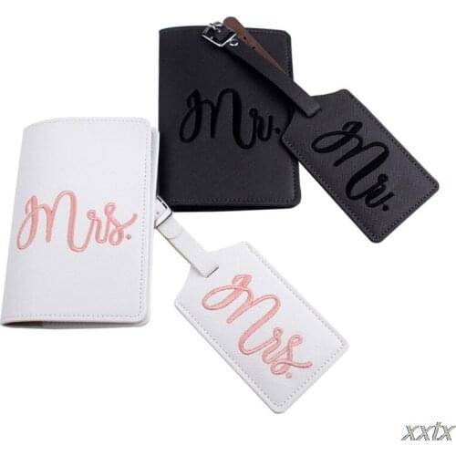 1Set Leather Luggage Tag Embroidery Mr./Mrs. Passport Case for Couples Honeymoon