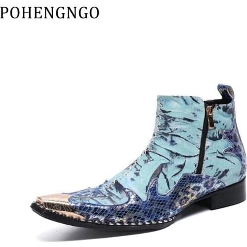 2020 Luxury Style Men Ankle Boots Pointed Genuine Leather Motorcycle Cowboy Boots Snake Skin Printing Party Man Dress Boots