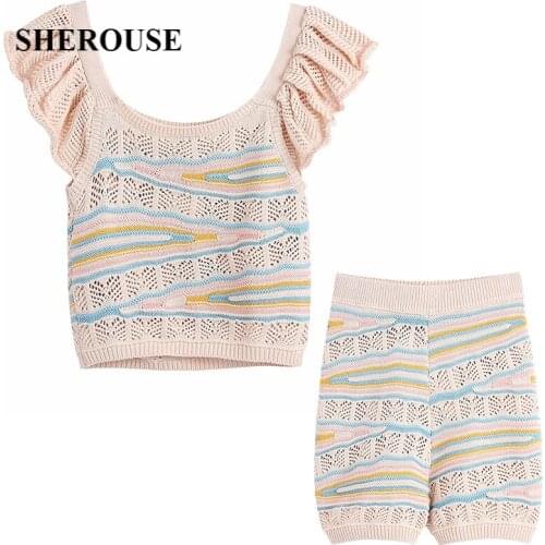 2021 Summer New Women 2 Pieces Knitted Set Ruffled Cropped Tops And Shorts Suit Chic Lady Fashion Casual Women Suit