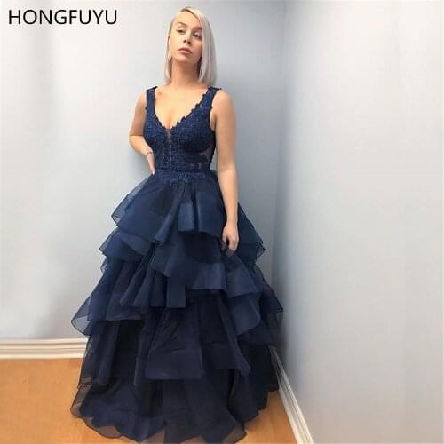 HONGFUYU Ball Gown 2021 Prom Dresses V-neck Sleeveless Lace Appliques Evening Dresses Long Vestidos De Festa Graduation Dress