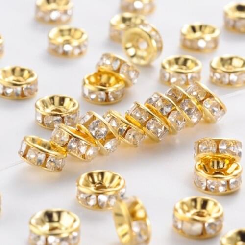 100pcs 8mm Golden Color Rondelle Iron Rhinestone Spacer Beads Loose Bead Straight Lace for Jewelry Making DIY Bracelet Necklace