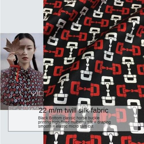 Horsebit printing black twill stretch digital printing natural mulberry silk haute couture fabric cloth for dress sewing