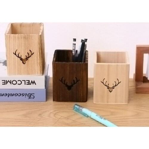 Cute Pattern Wooden Square Pen Holder Makeup Brushes Tools Cup Holder Case Creative Office School Desktop Storage Pencil Box