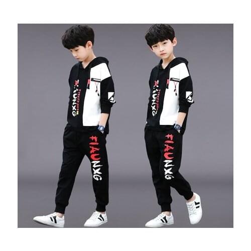 Childrens Clothing Boy Hip Hop Suit 2019 Spring and Autumn New Teenage Boy Two-piece Cotton Blouses + Pants Suit 5 7 9 11 14Y