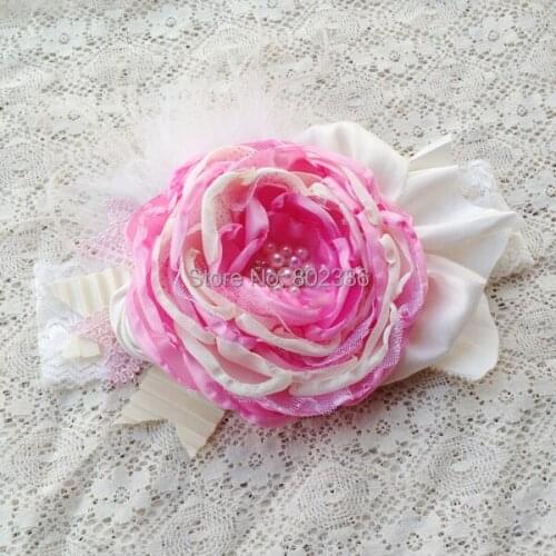 Free Shipping Pink Ivory Big Flower Headband Kids Hair Accessories