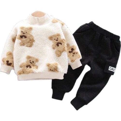 Kids Baby Set Clothes for Boy Girl Autumn Winter Cartoon Bear Casual Plush Thick Warm Sweater + Pant 2Pcs for Children Suit 0-3Y