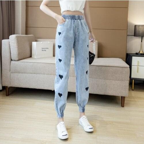 Women Graphic Printed Embroidery Jeans Woman Korean Streetwear with feet Denim feet Pants Female Casual loose Tight waist