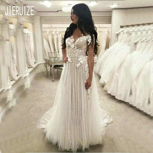 JIERUIZE Elegant Wedding Dresses V Neck Short Sleeves Bridal Gowns Hand Made Appliques Lace Up Back Bride Dresses Robe De Mariee