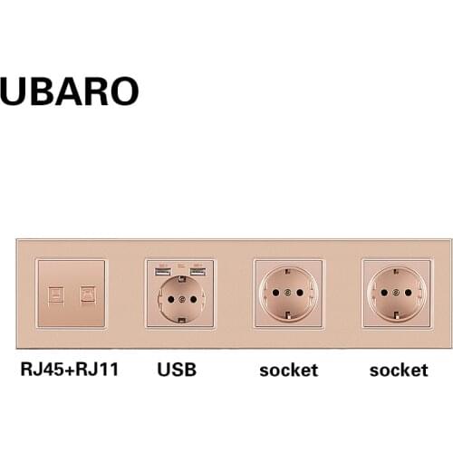 UBARO German Standard Tempered Crystal Glass Panel Wall Socket With RJ45 RJ11TV Usb Plugs Combination Home Outlet AC110-250V 16A