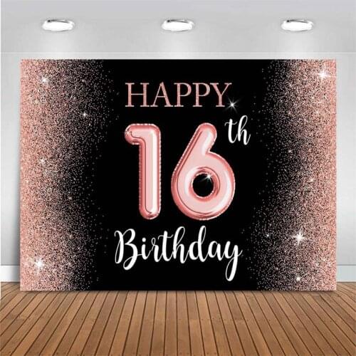Birthday Party Backdrop Happy 16th Birthday Pink Glitter Decoration Banner Photography Backdrop Photo Background for PhotoStudio