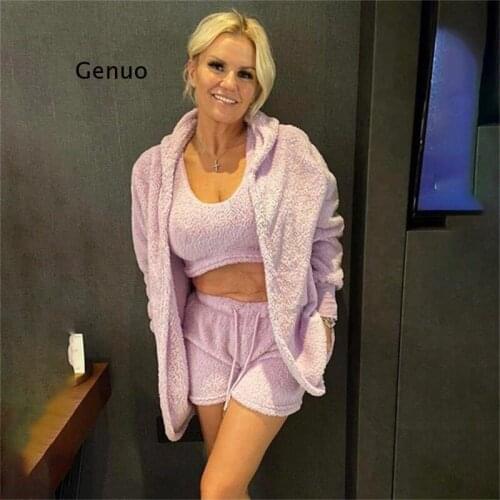 3 Piece Set Women Lounge Wear Plush Tank Top+Shorts+Cardigan Set Purple Black Green Fall 2021 Outfits for Women Matching Sets