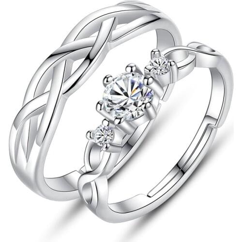 AAAAA Zircon Korean Ring Silver Plated Couple-hug-design Rings For Women Wedding Ring Jewelry Resizable Couple Proposal Rings