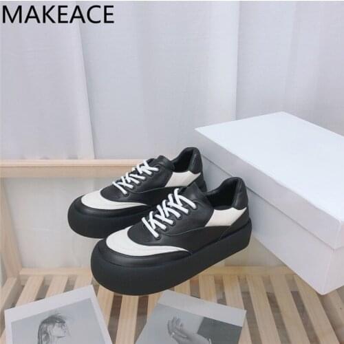 Real Leather Thick Sole Shoes Women Lace Up Patchwork Casual Running Shoes Design Platform Shoes Woman Round Toe Women sneakers