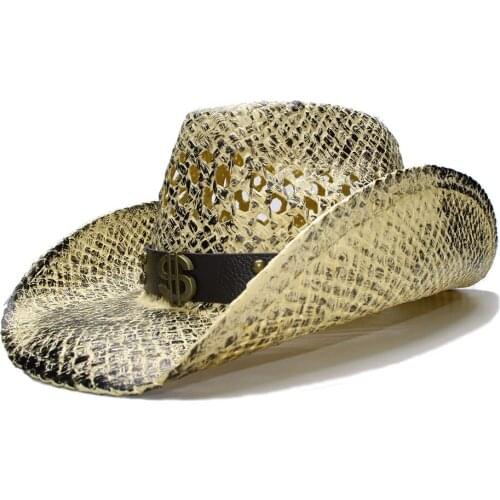 LUCKYLIANJI Retro Womens Mens Summer Straw Beach Wide Brim Cowboy Western Cowgirl Hat Hollow Dollar Sign Leather Band(Adjust)