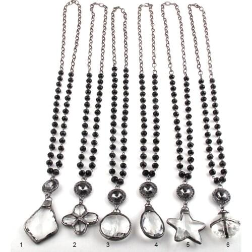 Fashion Bohemian Jewelry Black Crystal Glass Rosary Chain Gun Plated Chain Glass Pendant Star Cross Necklaces
