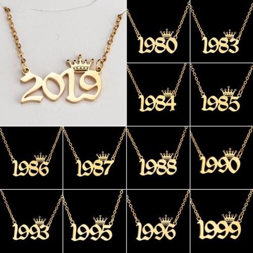 Bohemian Crown Year Number Necklaces for Women Kids Wedding Jewelry Stainless Steel Chain Birth Year Necklace Birthday Gifts