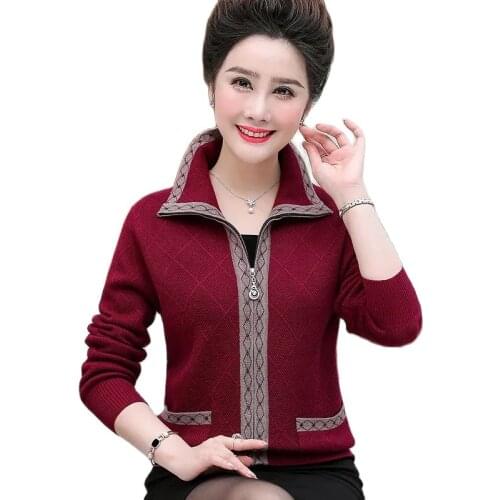 Middle-aged Elderly People Women Coat 2021 Spring Autumn Solid Knit Cardigan Female Outwear Casual Sweater Lapel Ladies Coats