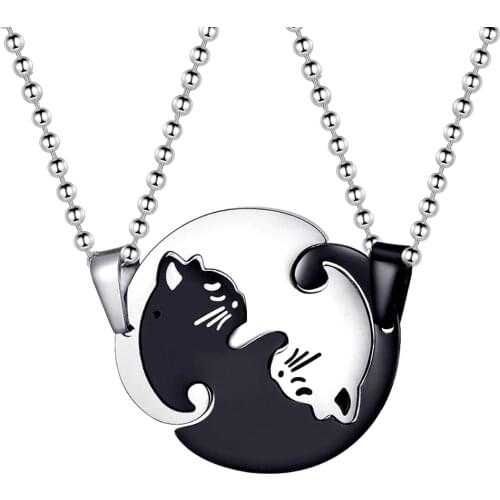 Almei Titanium Stainless Steel Halloween Necklace Couple Puzzle Matching Black White Cat Pendant Necklaces for Lovers SN156