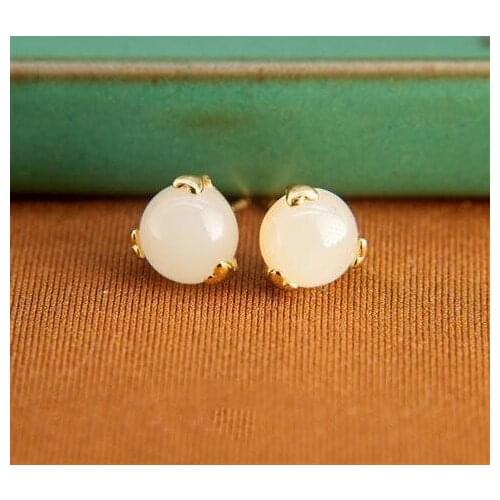 Natural Jade Hetian Jade Womens S925 Sterling Silver Jade White Jade Beads round Beads Egg Noodles Fashion Simple Stud Earrings