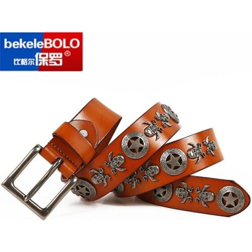 100% Genuine Cow Leather Belt New Men Really Hip Hop Skull and Round decoration Style Mens Casual Fashion Belt Rivet