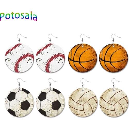 Potosala Leather Dangle Earrings Football Basketball Volleyball Print Fashion Vintage Sport Style Earrings Women Jewelry Gifts