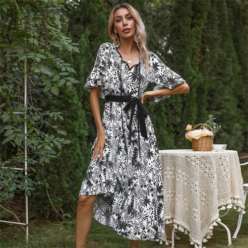 Chic Womens Skirt Beach Super Long Womens Retro Printed Bohemian Lotus Leaf Sleeve Dress A-line Elegant Belt Vacation Xl Xl