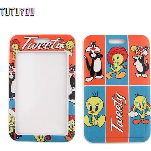 1pc PC2619 Funny Silly Cat And Bird Cartoon Lanyard Credit Card ID Holder Bag Student Travel Bank Bus Business Card Cover Badge