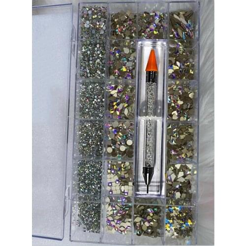 Rhinestone Box Clear/AB Colors 1Box 800pcs (16 styles )+7200pcs round 3D Nail Crystals Glass Rhinestones Flatback AB Crystal