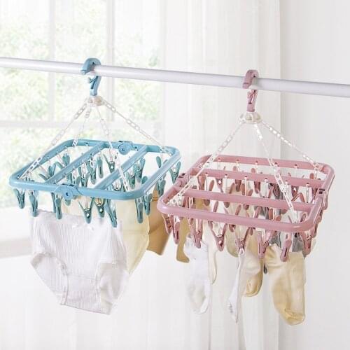 32 Clips Drying Rack Sock Holder Portable Windproof Socks Folding Cloth Hanger Rack Clothespin Wardrobe Storage Cloth Hangers