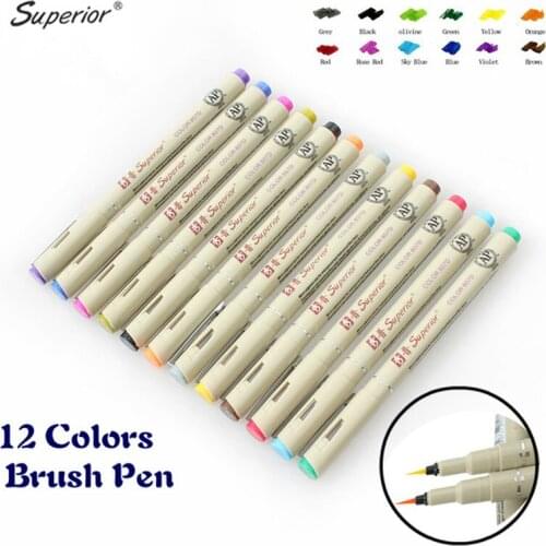 Superior 12 Colors 1.5mm Needle Drawing Artist Brush Pen Watercolor Sketch Fineliner Markers Set For School Stationery Supplies