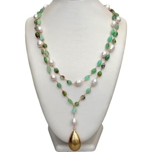 YYGEM Natural Chrysoprase Freeform White Rice freshwater Pearl statement Necklace Heart Brushed Gold color Pendant 25"