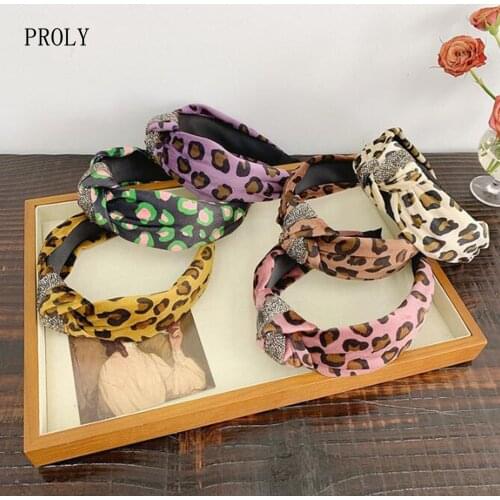 PROLY New Fashion Women Hairband Wide Side Leopard Headband Rhinestone Headwear Casual Adult Turban Hair Accessories Wholesale