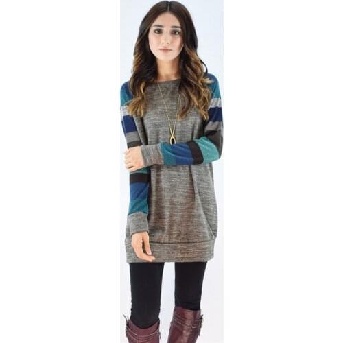 European and American fashion spring and autumn and winter new womens striped raglan long-sleeved mixed colors loose Dress