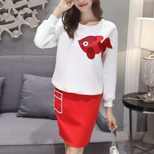 Womens Causel 2 Pieces Set Girls Skirts Suits White Long Sleeve Top Shirts + Red mini Skirt Outfit For Girls